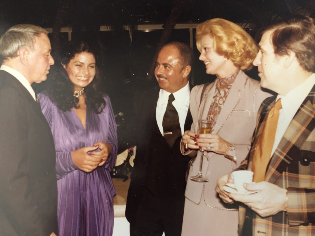 Adnan Khashoggi and Frank Sinatra with Barbara Sinatra, Shecky Greene, and Nabila Khashoggi